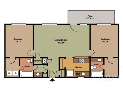Floor plan for 2 beds, 2 baths, 1021 sqft